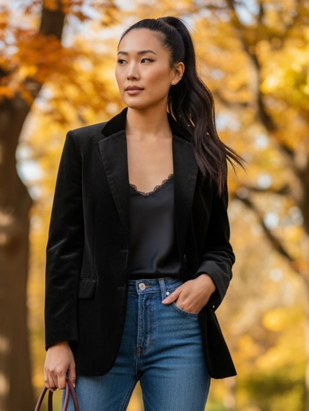 Rag & Bone Black Cotton Velvet Blazer with Leather Trim Quiet Luxury Sz 6